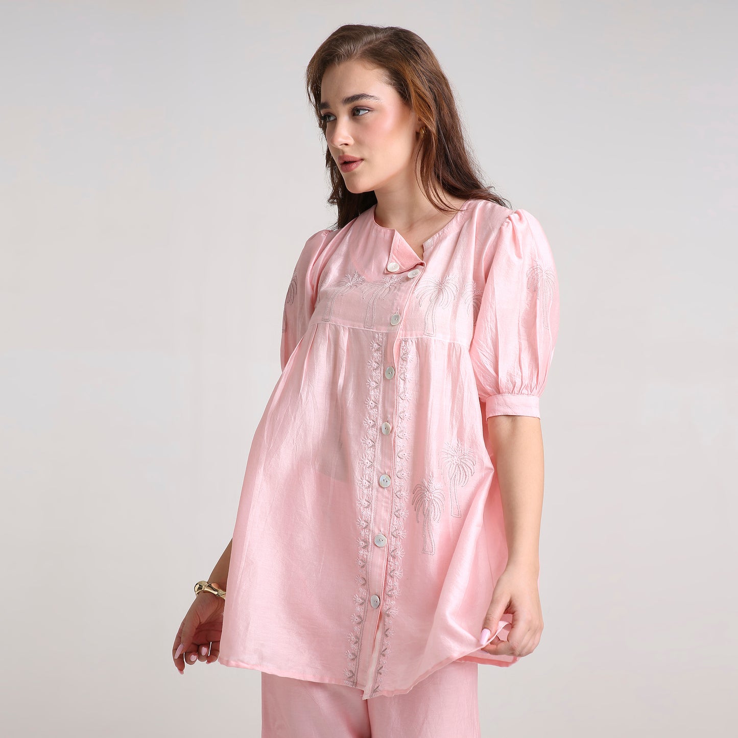 Chikankari Angarkha Co ord in Blush Pure Chanderi Silk with Green  embroidery