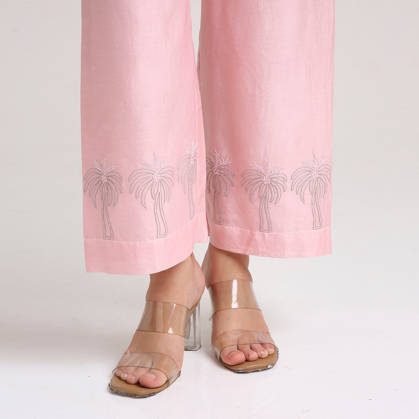 Chikankari Angarkha Co ord in Blush Pure Chanderi Silk with Green  embroidery