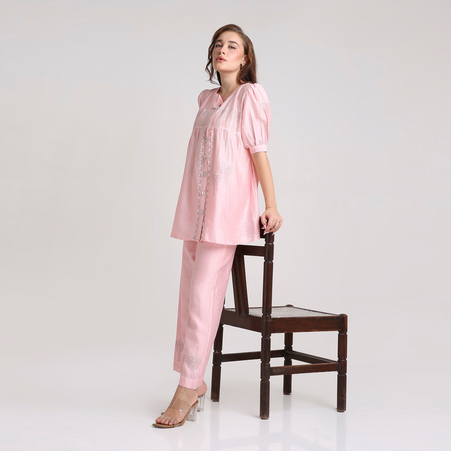 Chikankari Angarkha Co ord in Blush Pure Chanderi Silk with Green  embroidery