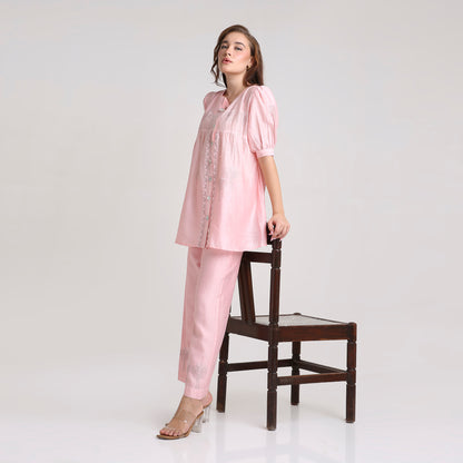 Chikankari Angarkha Co ord in Blush Pure Chanderi Silk with Green  embroidery