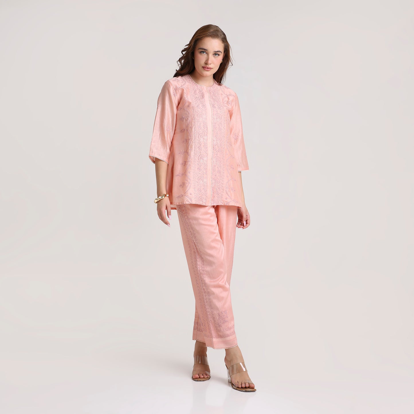 Chikankari Co ord in Blush Pure Chanderi Silk with Dusty Mauve Embroidery