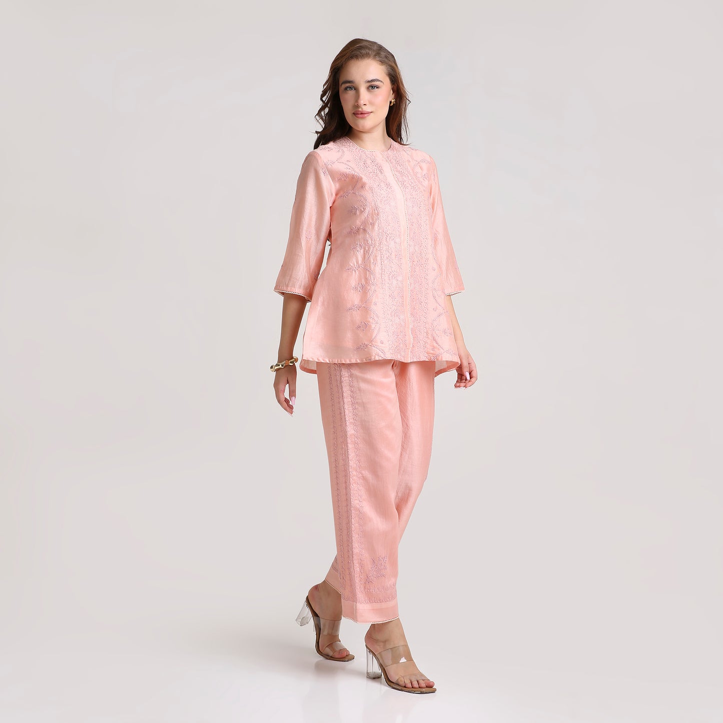Chikankari Co ord in Blush Pure Chanderi Silk with Dusty Mauve Embroidery