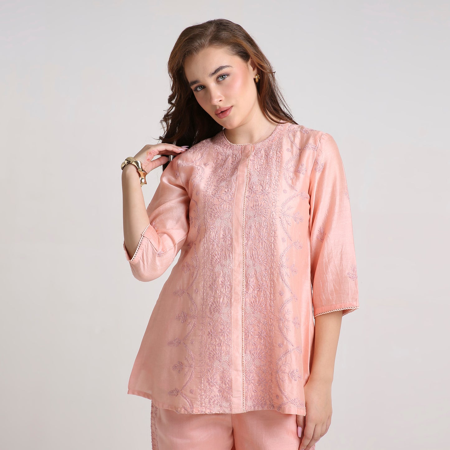 Chikankari Co ord in Blush Pure Chanderi Silk with Dusty Mauve Embroidery
