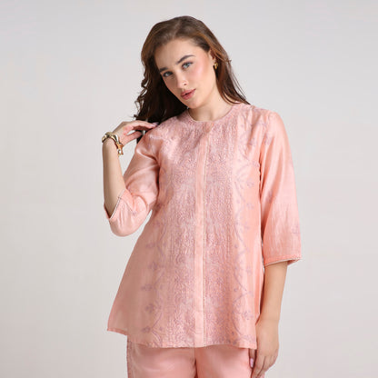 Chikankari Co ord in Blush Pure Chanderi Silk with Dusty Mauve Embroidery