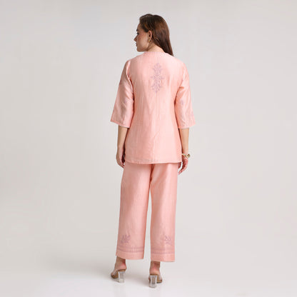 Chikankari Co ord in Blush Pure Chanderi Silk with Dusty Mauve Embroidery