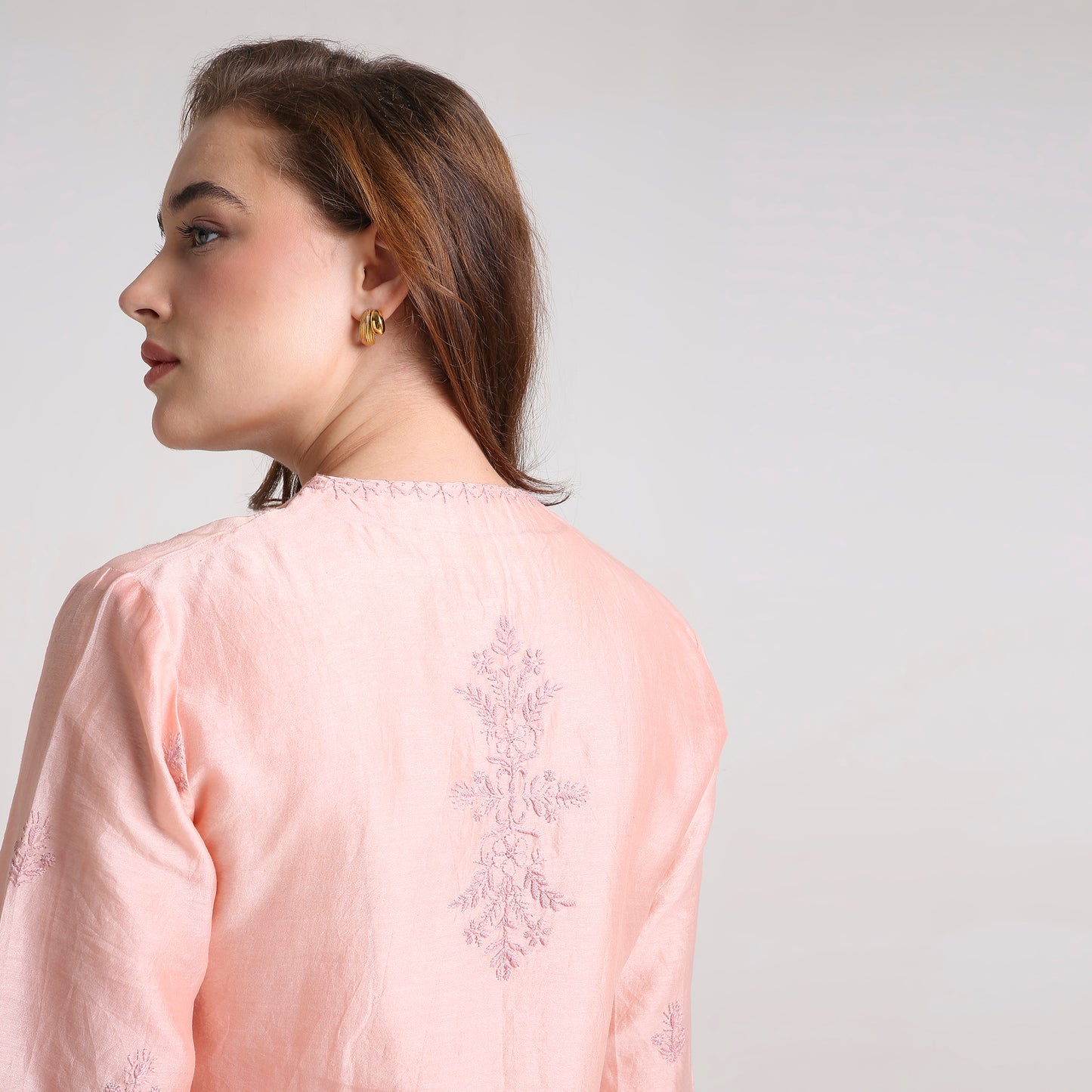 Chikankari Co ord in Blush Pure Chanderi Silk with Dusty Mauve Embroidery