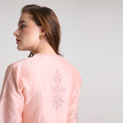 Chikankari Co ord in Blush Pure Chanderi Silk with Dusty Mauve Embroidery