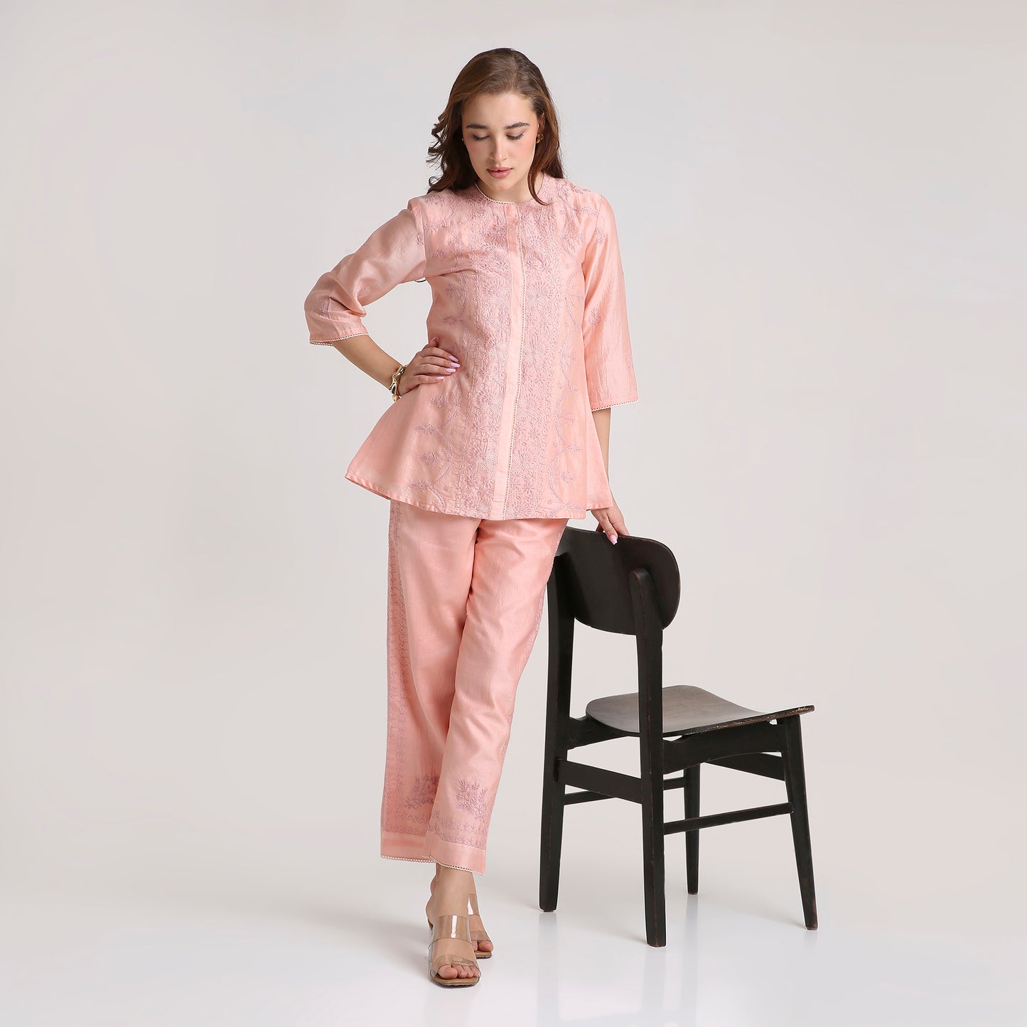 Chikankari Co ord in Blush Pure Chanderi Silk with Dusty Mauve Embroidery