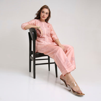 Chikankari Co ord in Blush Pure Chanderi Silk with Dusty Mauve Embroidery