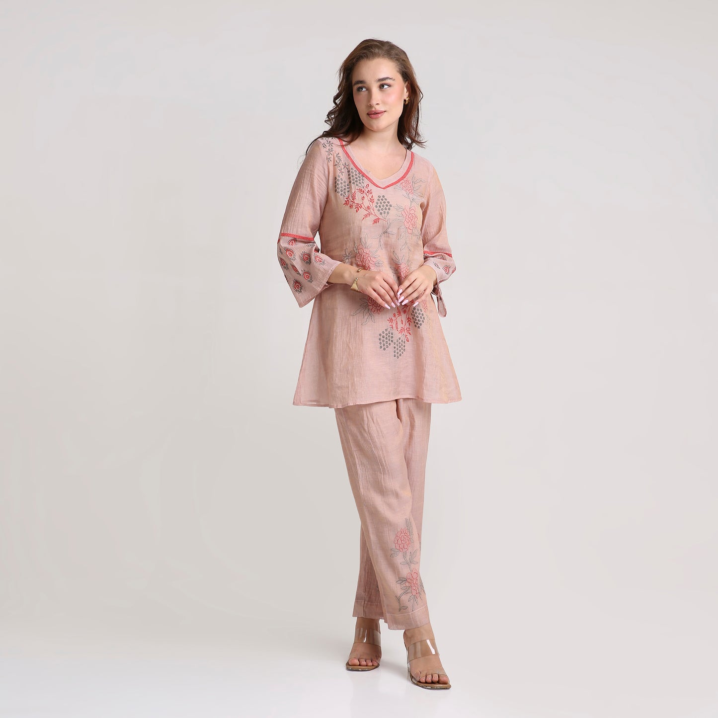 Chikankari Co ord in Blush Pure Silk tissue with Red and Dusty Green embroidery