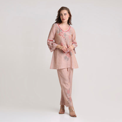 Chikankari Co ord in Blush Pure Silk tissue with Red and Dusty Green embroidery