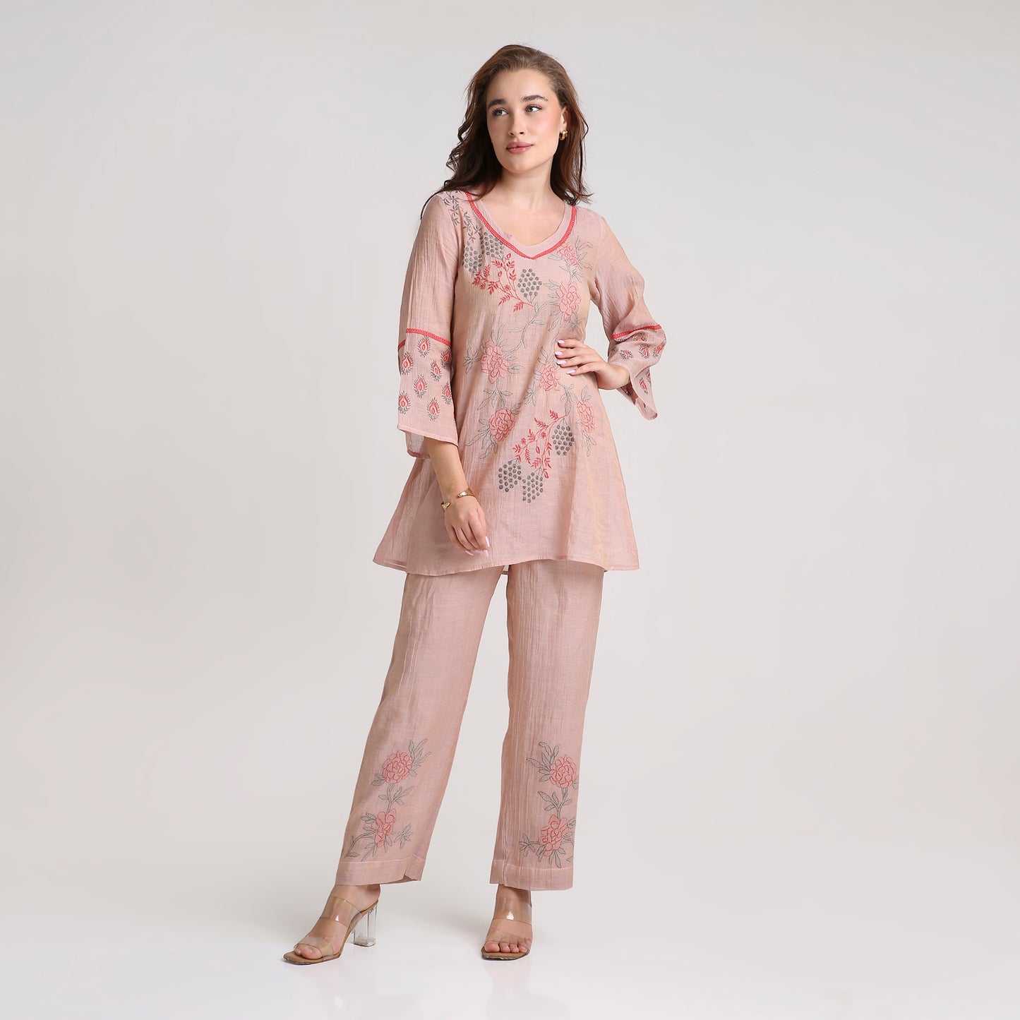 Chikankari Co ord in Blush Pure Silk tissue with Red and Dusty Green embroidery