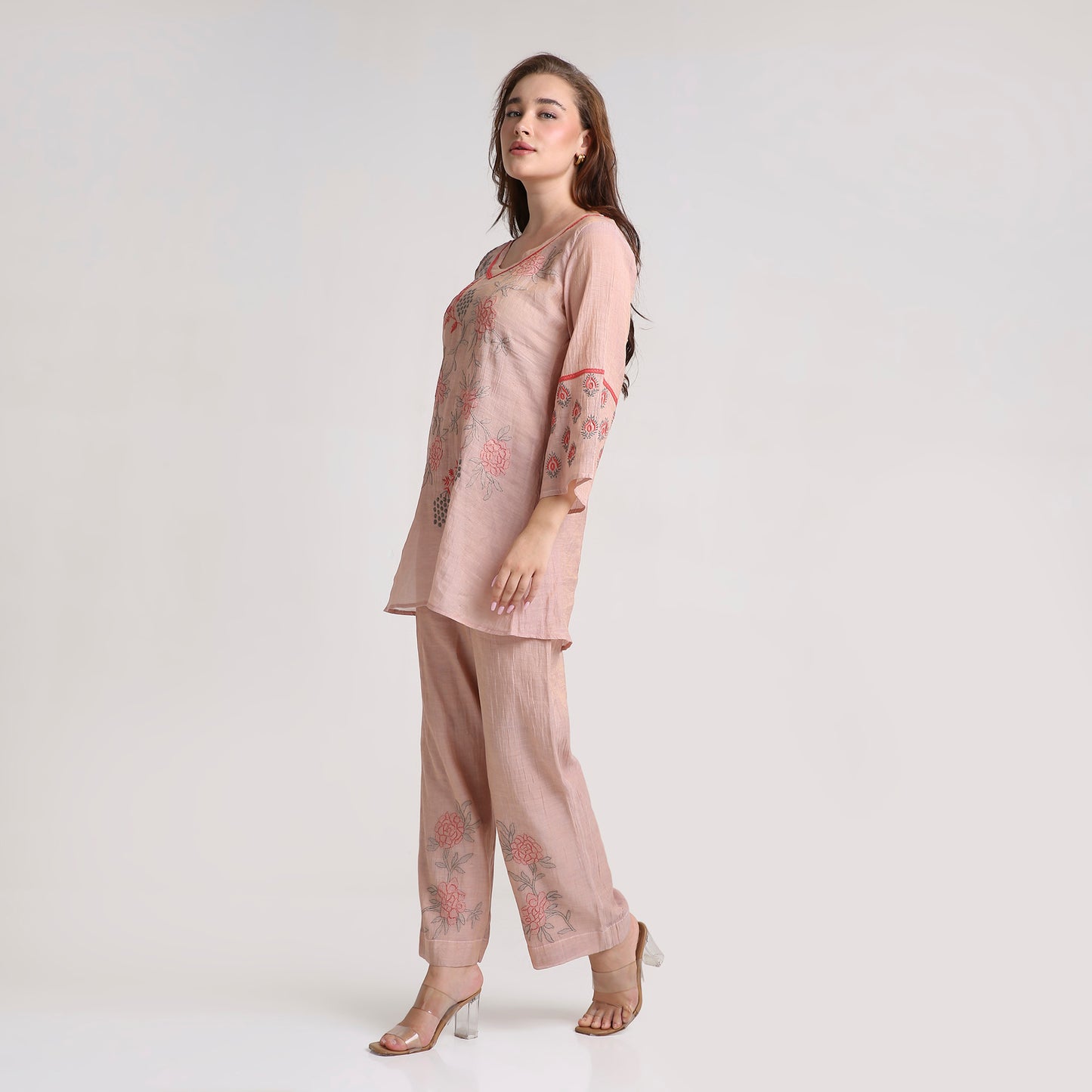 Chikankari Co ord in Blush Pure Silk tissue with Red and Dusty Green embroidery