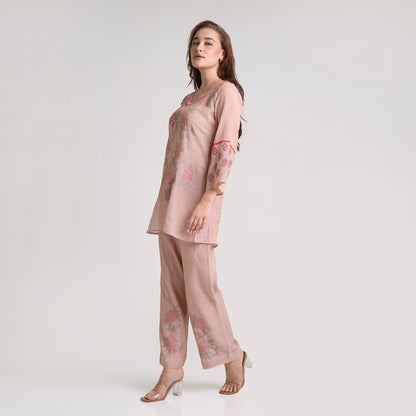 Chikankari Co ord in Blush Pure Silk tissue with Red and Dusty Green embroidery