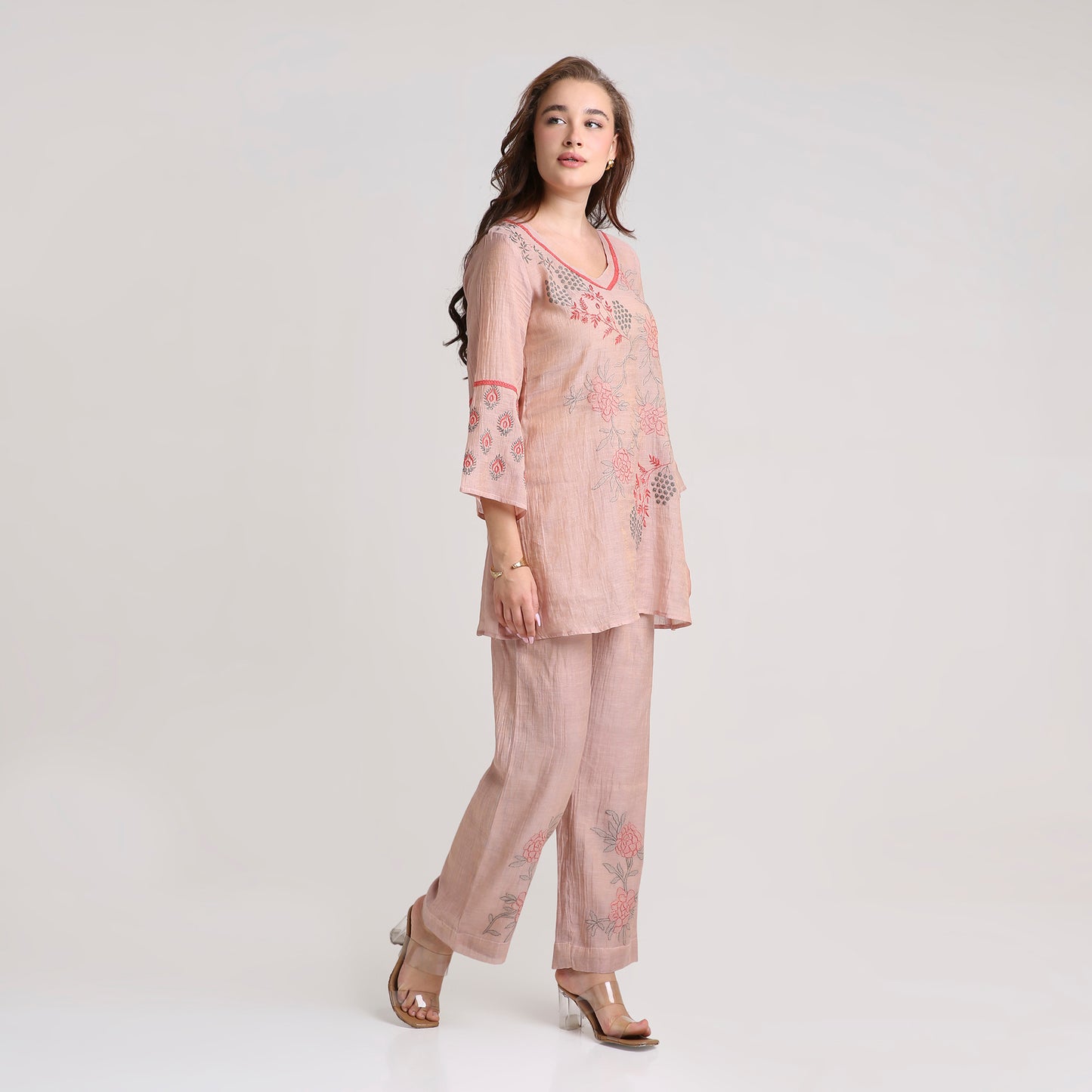 Chikankari Co ord in Blush Pure Silk tissue with Red and Dusty Green embroidery