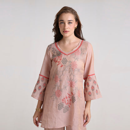 Chikankari Co ord in Blush Pure Silk tissue with Red and Dusty Green embroidery