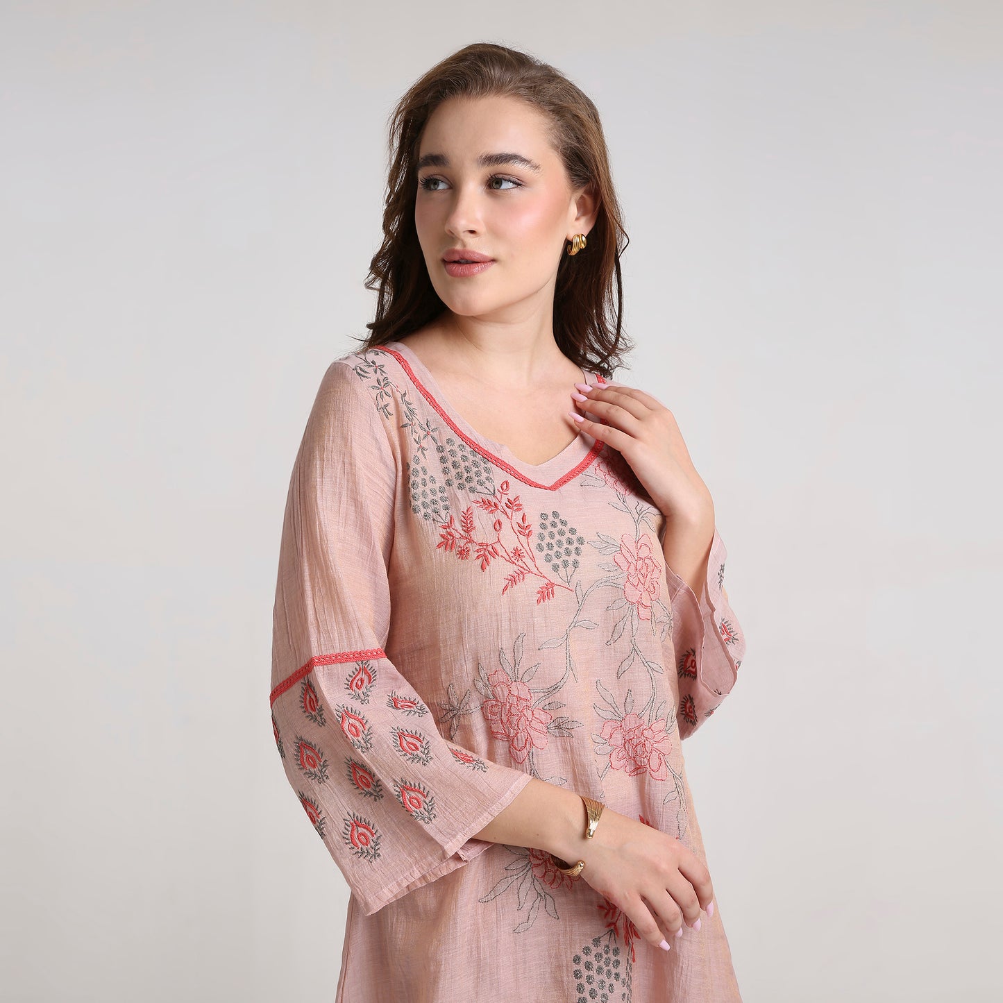 Chikankari Co ord in Blush Pure Silk tissue with Red and Dusty Green embroidery