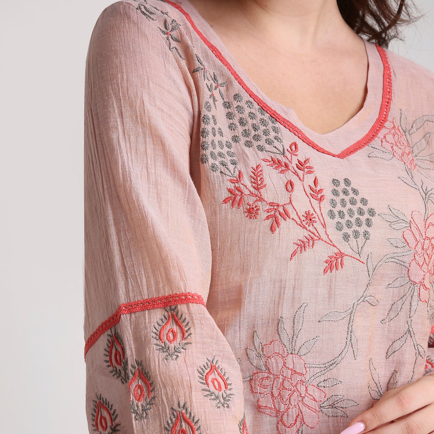 Chikankari Co ord in Blush Pure Silk tissue with Red and Dusty Green embroidery