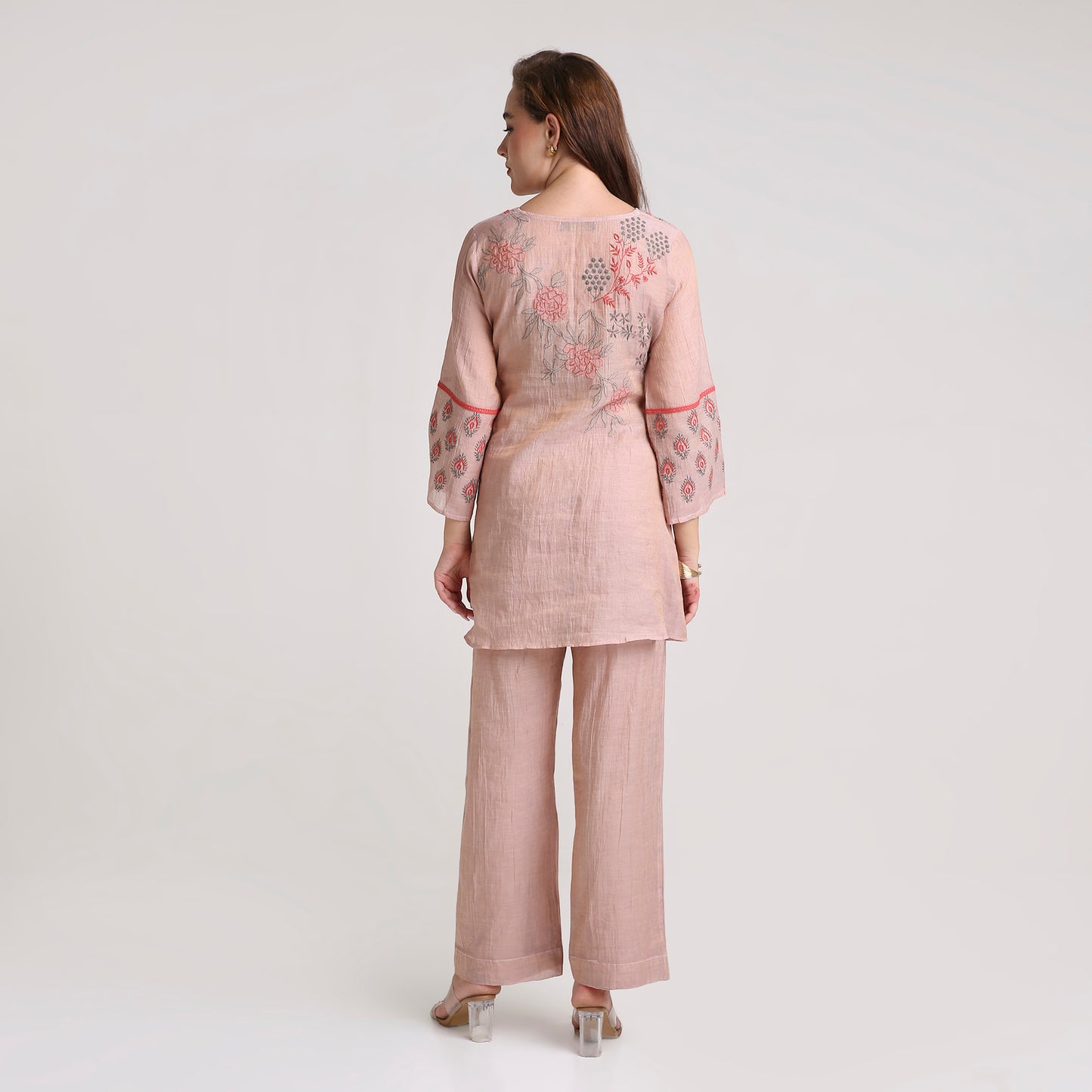 Chikankari Co ord in Blush Pure Silk tissue with Red and Dusty Green embroidery