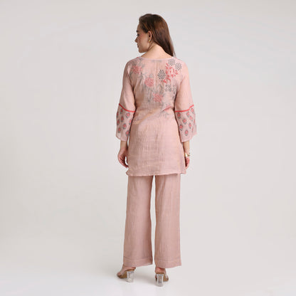 Chikankari Co ord in Blush Pure Silk tissue with Red and Dusty Green embroidery