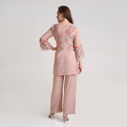 Chikankari Co ord in Blush Pure Silk tissue with Red and Dusty Green embroidery