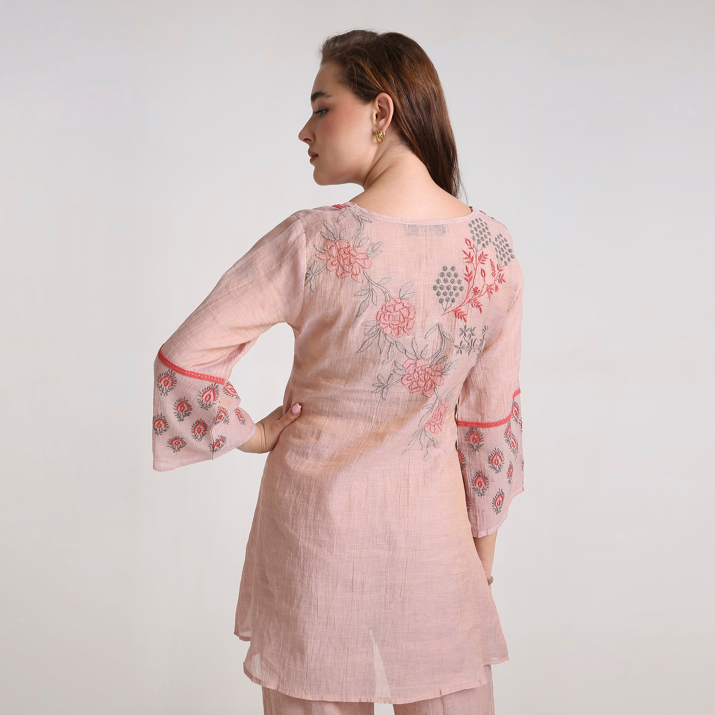 Chikankari Co ord in Blush Pure Silk tissue with Red and Dusty Green embroidery