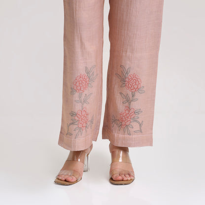 Chikankari Co ord in Blush Pure Silk tissue with Red and Dusty Green embroidery