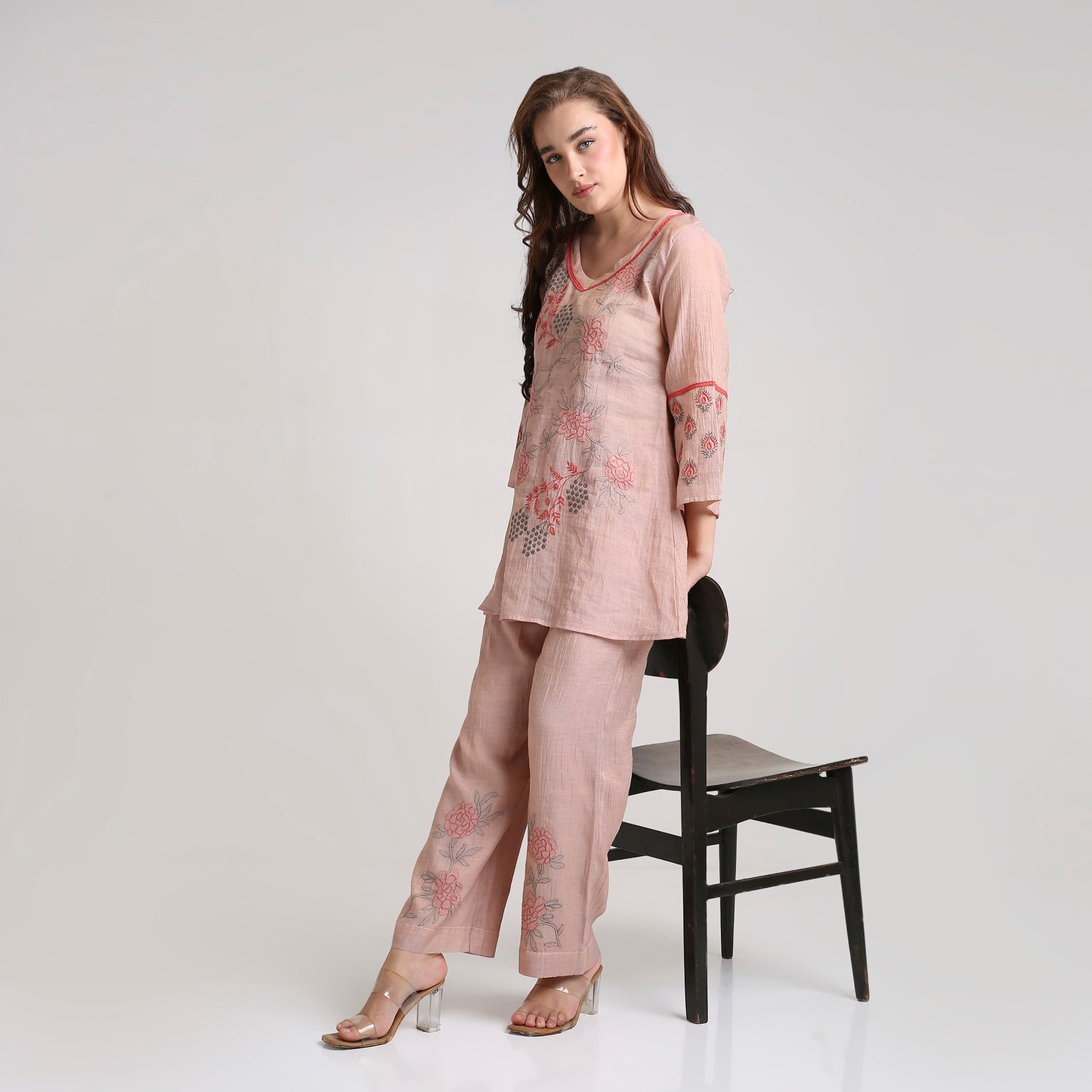 Chikankari Co ord in Blush Pure Silk tissue with Red and Dusty Green embroidery