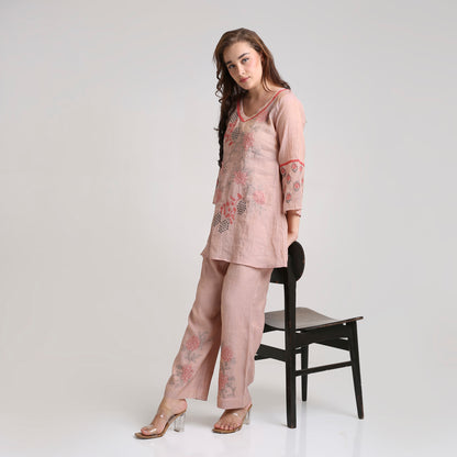 Chikankari Co ord in Blush Pure Silk tissue with Red and Dusty Green embroidery