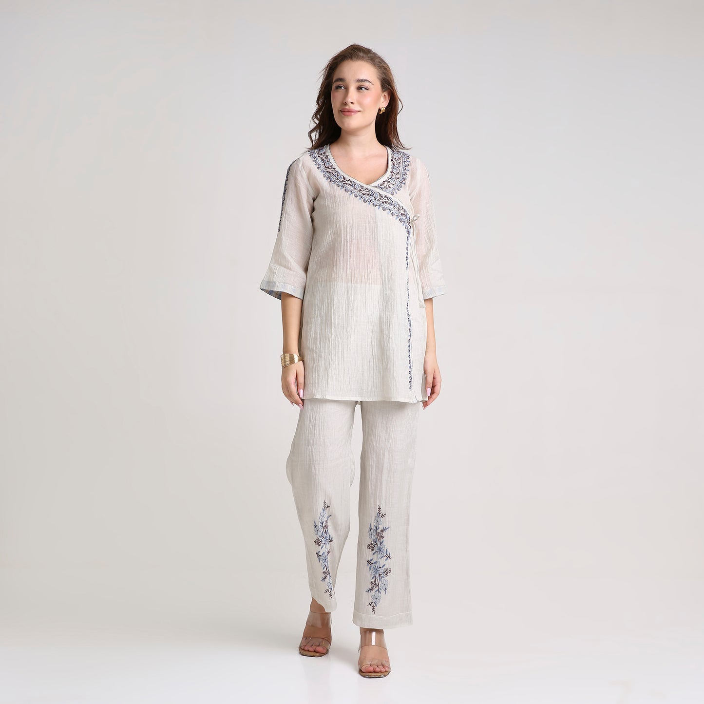 Chikankari Angarkha Co ord in Silver Pure Silk tissue with Blue and Maroon embroidery