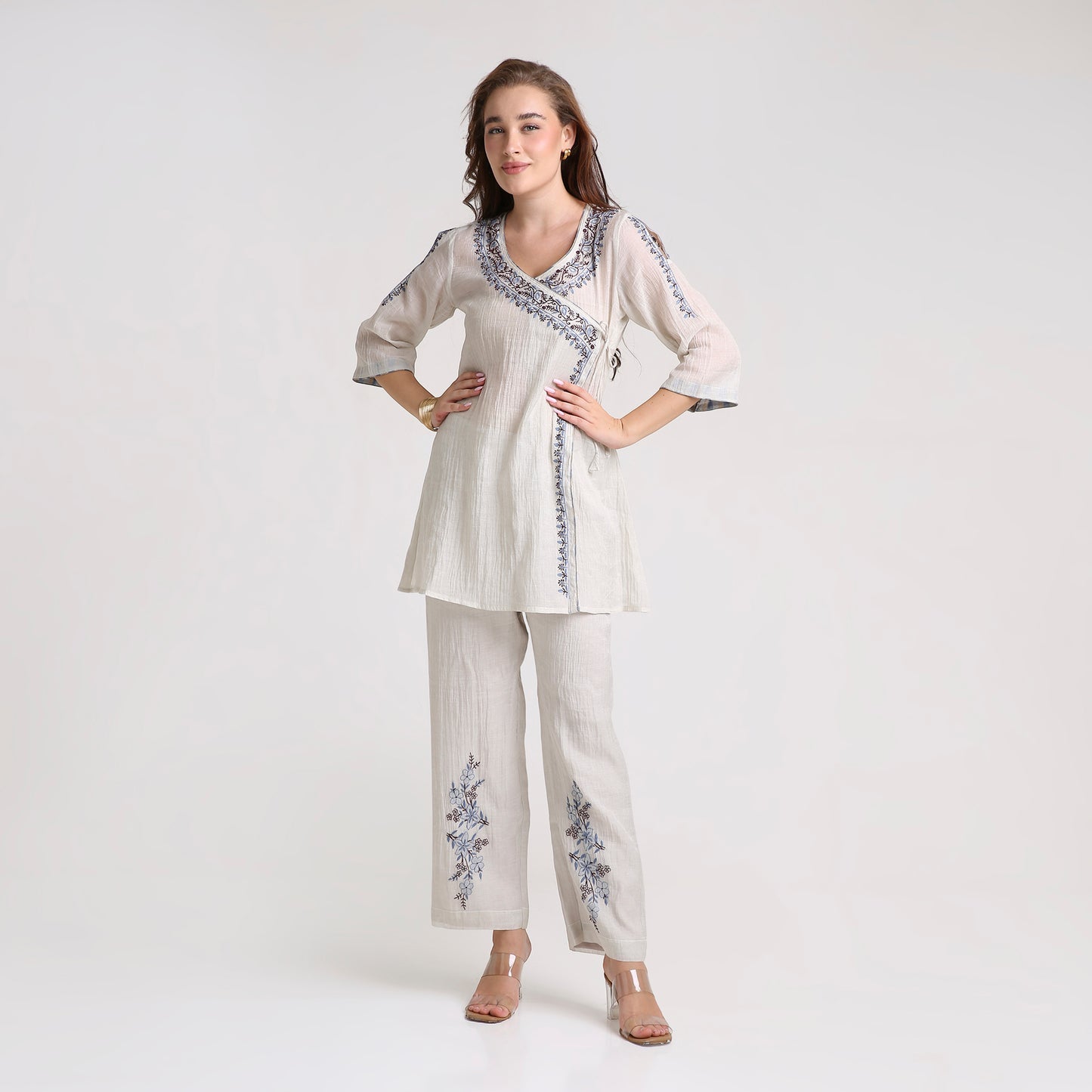 Chikankari Angarkha Co ord in Silver Pure Silk tissue with Blue and Maroon embroidery