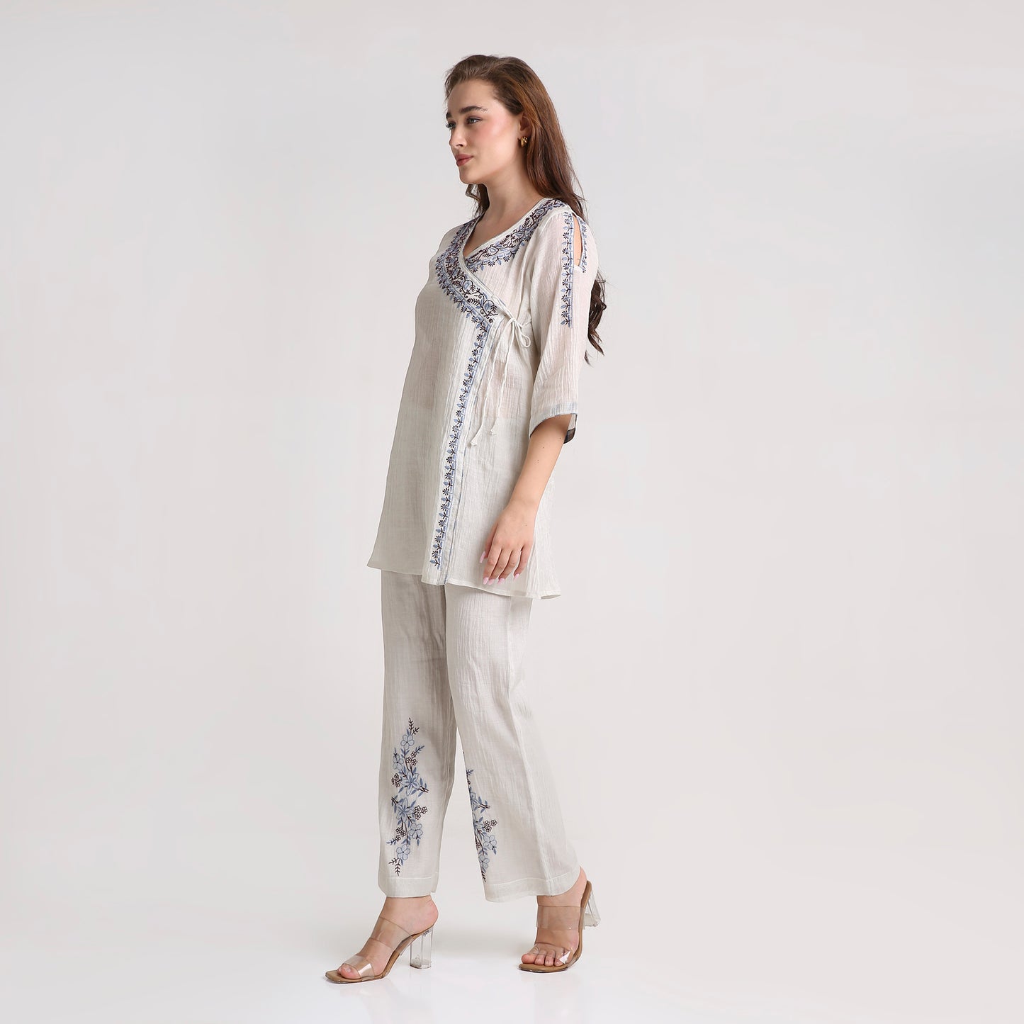 Chikankari Angarkha Co ord in Silver Pure Silk tissue with Blue and Maroon embroidery