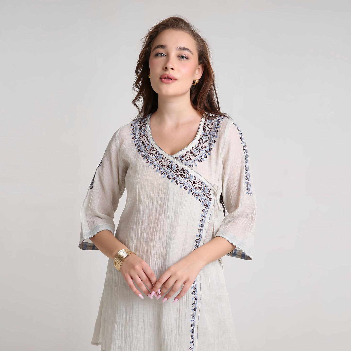 Chikankari Angarkha Co ord in Silver Pure Silk tissue with Blue and Maroon embroidery