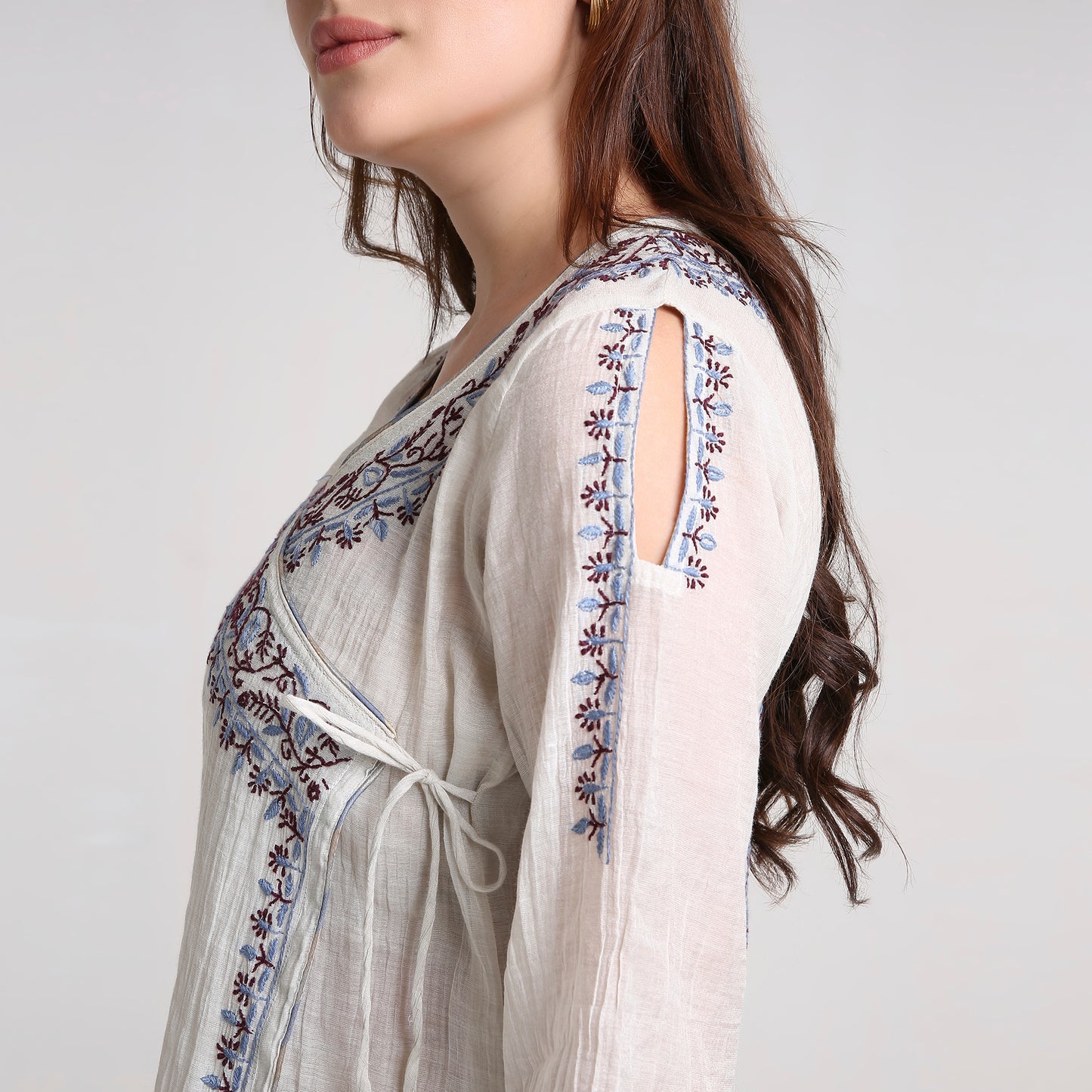 Chikankari Angarkha Co ord in Silver Pure Silk tissue with Blue and Maroon embroidery