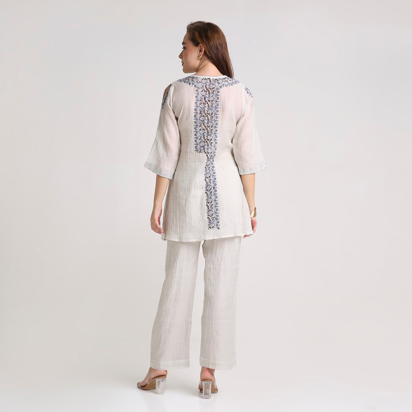 Chikankari Angarkha Co ord in Silver Pure Silk tissue with Blue and Maroon embroidery