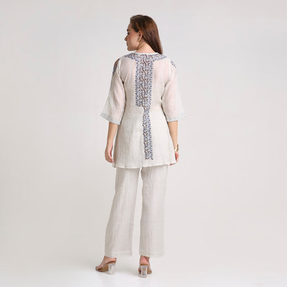 Chikankari Angarkha Co ord in Silver Pure Silk tissue with Blue and Maroon embroidery