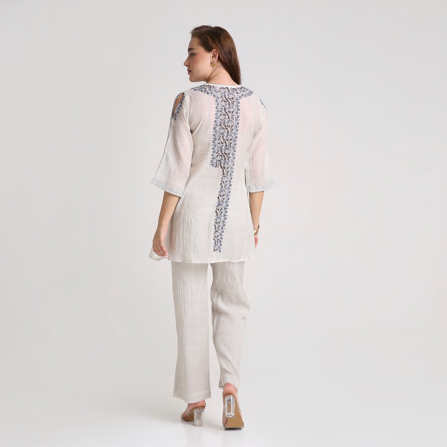 Chikankari Angarkha Co ord in Silver Pure Silk tissue with Blue and Maroon embroidery