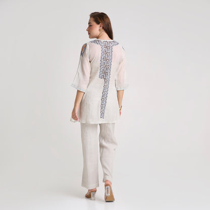 Chikankari Angarkha Co ord in Silver Pure Silk tissue with Blue and Maroon embroidery