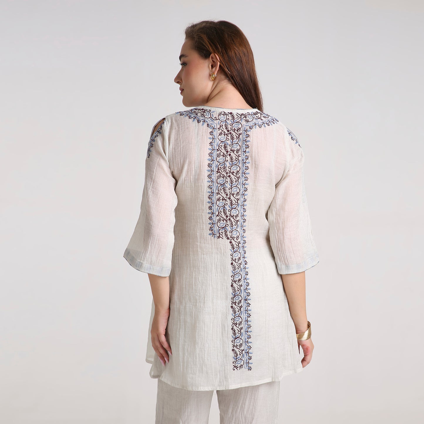 Chikankari Angarkha Co ord in Silver Pure Silk tissue with Blue and Maroon embroidery