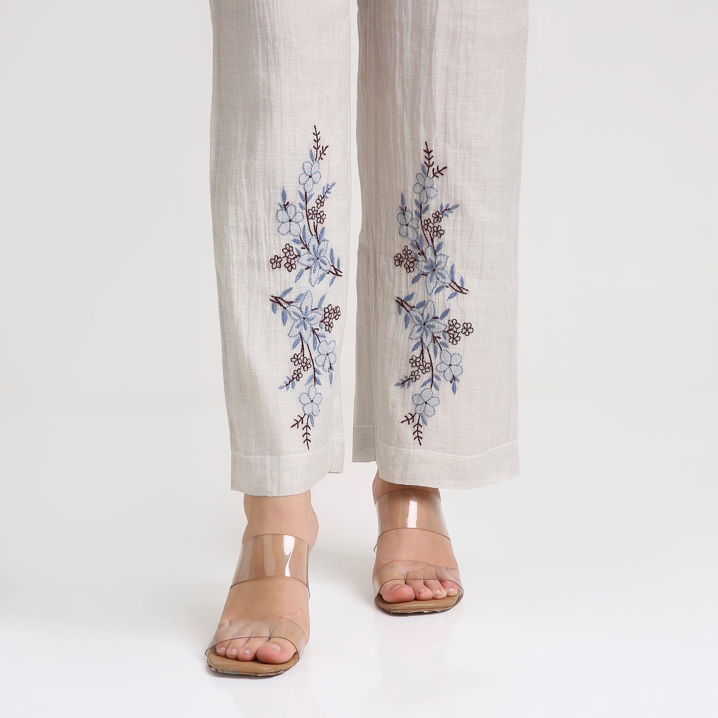 Chikankari Angarkha Co ord in Silver Pure Silk tissue with Blue and Maroon embroidery
