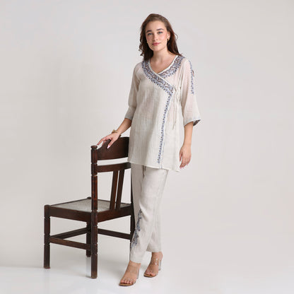 Chikankari Angarkha Co ord in Silver Pure Silk tissue with Blue and Maroon embroidery