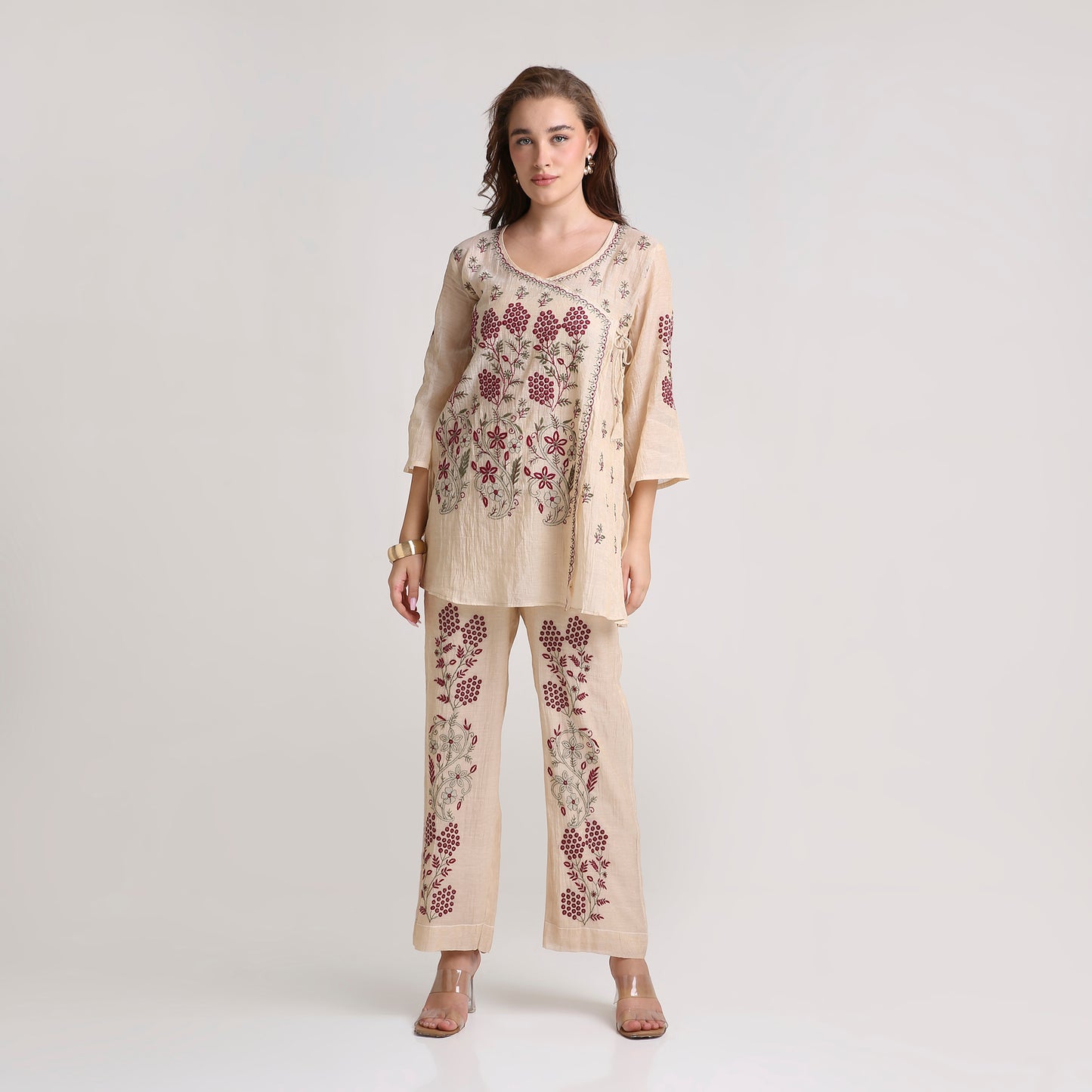 Chikankari Angarkha Co ord in Gold Pure Silk tissue with Green and Maroon embroidery