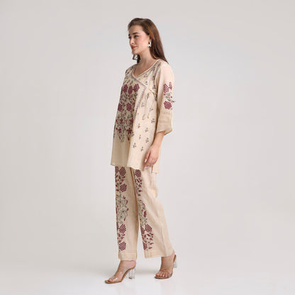 Chikankari Angarkha Co ord in Gold Pure Silk tissue with Green and Maroon embroidery