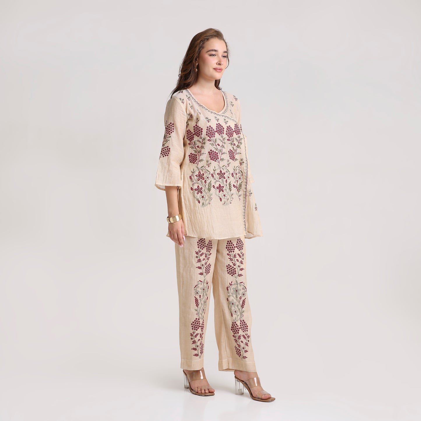 Chikankari Angarkha Co ord in Gold Pure Silk tissue with Green and Maroon embroidery