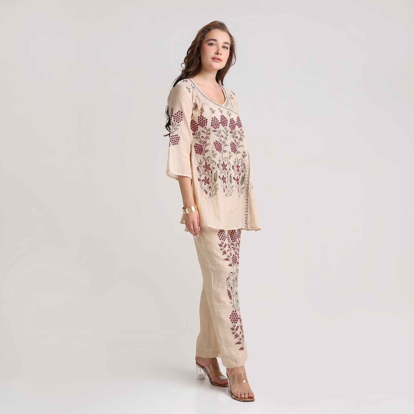 Chikankari Angarkha Co ord in Gold Pure Silk tissue with Green and Maroon embroidery