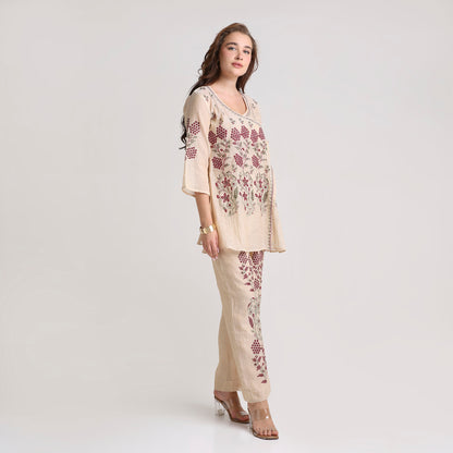 Chikankari Angarkha Co ord in Gold Pure Silk tissue with Green and Maroon embroidery