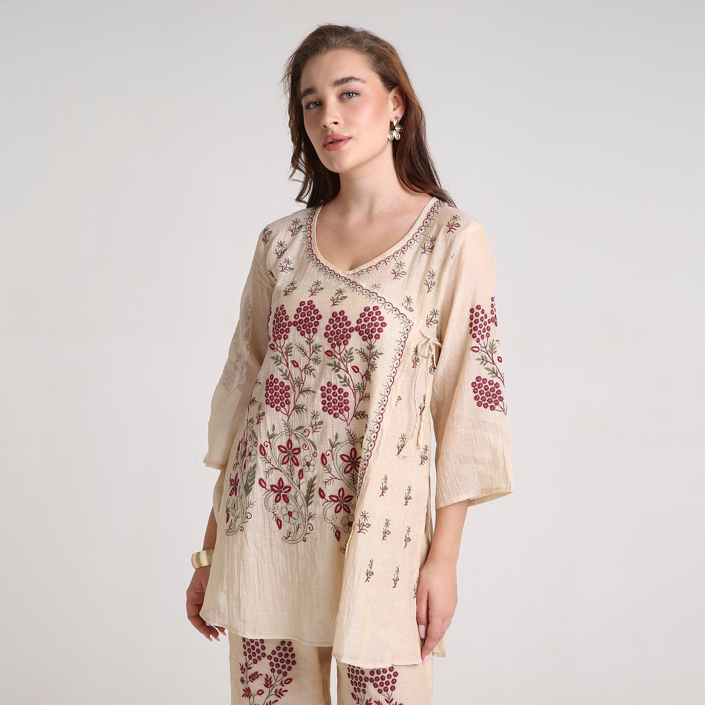 Chikankari Angarkha Co ord in Gold Pure Silk tissue with Green and Maroon embroidery