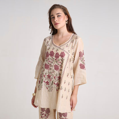 Chikankari Angarkha Co ord in Gold Pure Silk tissue with Green and Maroon embroidery