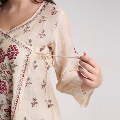 Chikankari Angarkha Co ord in Gold Pure Silk tissue with Green and Maroon embroidery