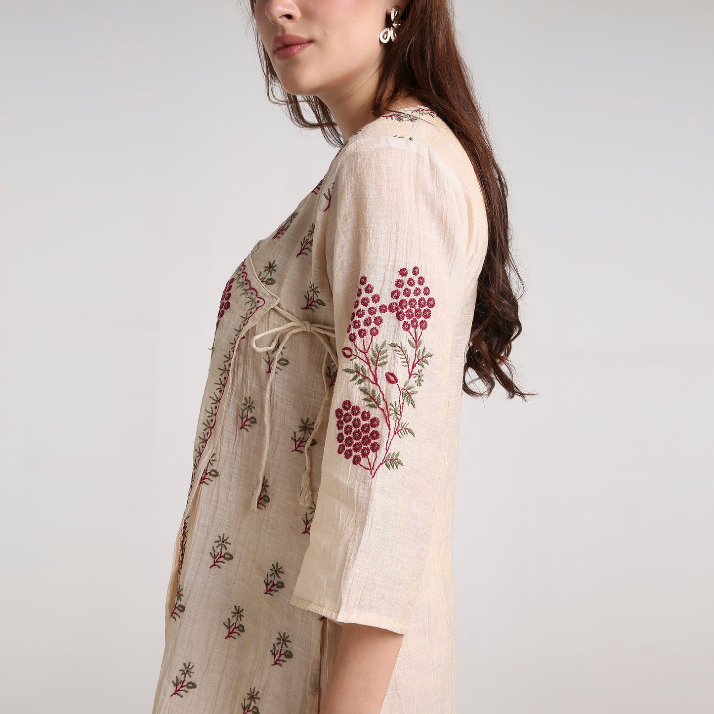 Chikankari Angarkha Co ord in Gold Pure Silk tissue with Green and Maroon embroidery